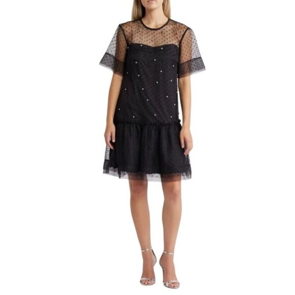 Vince Camuto Womens Short Sleeve Sheer Crystal Detail Cocktail Dress Sz 8 New - Picture 1 of 10
